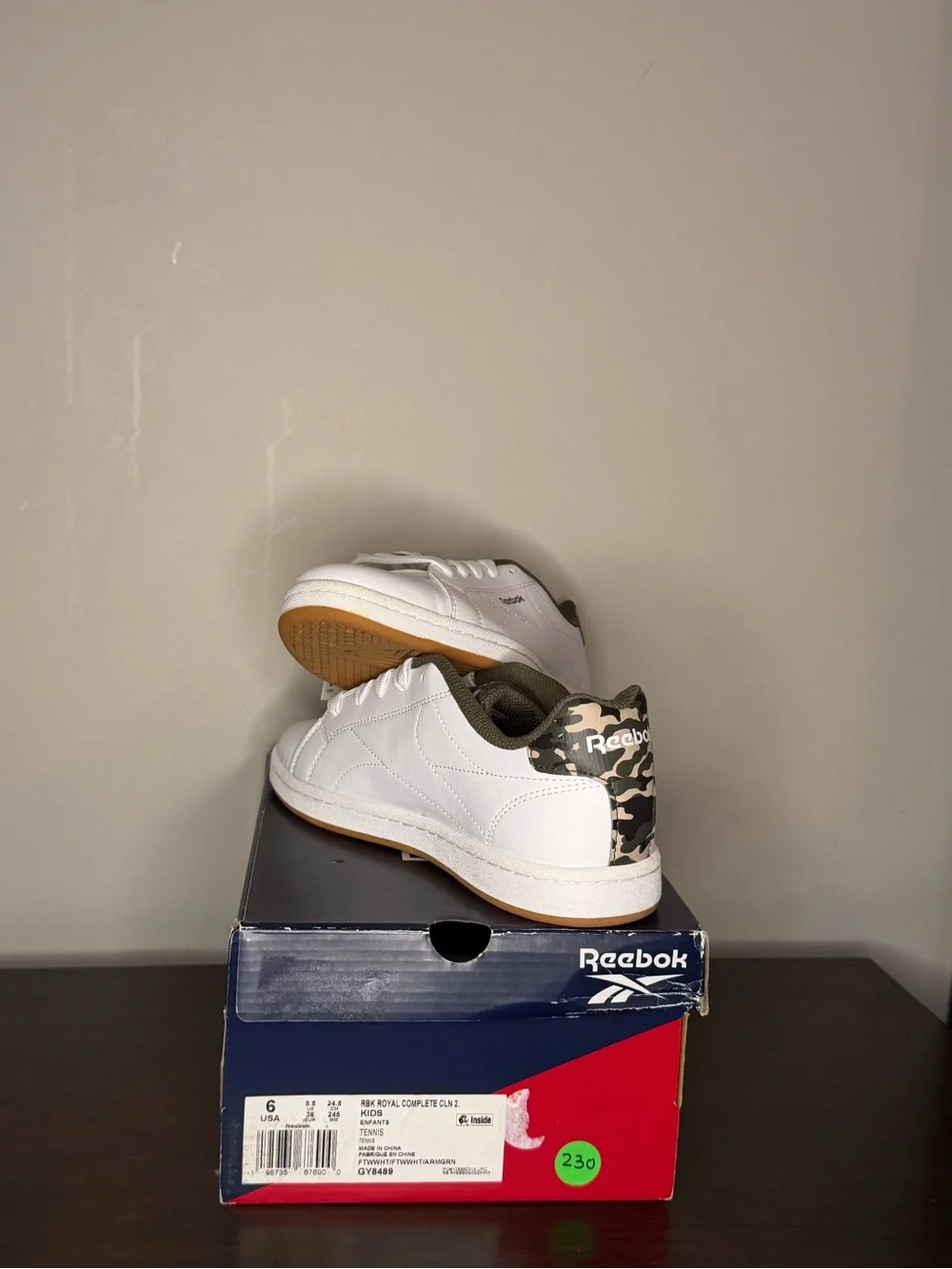 Reebok Men’s White Sneakers with Camo Heel and Gum Sole